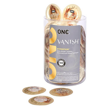 Набір презервативів ONE Vanish Hyperthin, 100 шт, ультратонкі, зі змазкою, паковання-тубус, фото 1