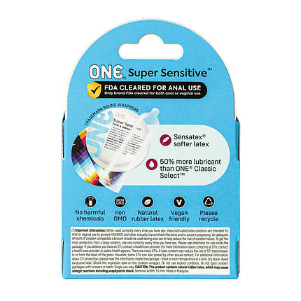 Презервативи ONE Super Sensitive, 3 шт, гладенькі, з додатковою змазкою, картонне паковання, фото 3