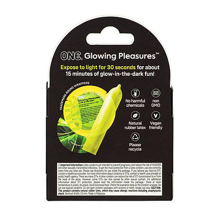 Презервативи ONE Glowing Pleasures, 3 шт, світяться в темряві, зі змазкою, картонне паковання, фото 3