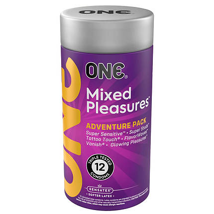 Презервативи ONE Mixed Pleasures 12 шт., подарункове паковання тюб, фото 1