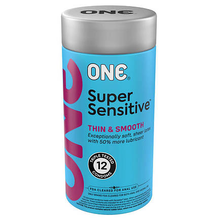 Презервативи ONE Super Sensitive, 12 шт, гладенькі, з додатковою змазкою, паковання-тубус, фото 1
