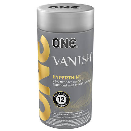 Презервативи ONE Vanish Hyperthin, 12 шт, ультратонкі, зі змазкою, подарункове паковання-тубус, фото 1