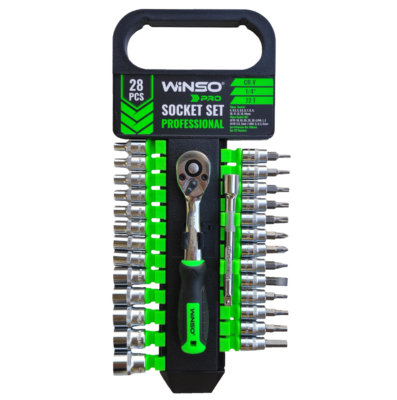 Набір головок 1/4 + тріщітка, 28 од., CrV, "Winso" (904028)