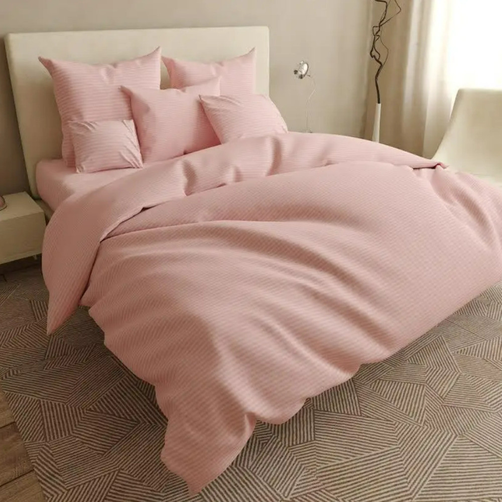 Постільна білизна на гумці двоспальна 180х220 пудрова смужка (21859) Однотонна бавовняна на блискавці, фото 1
