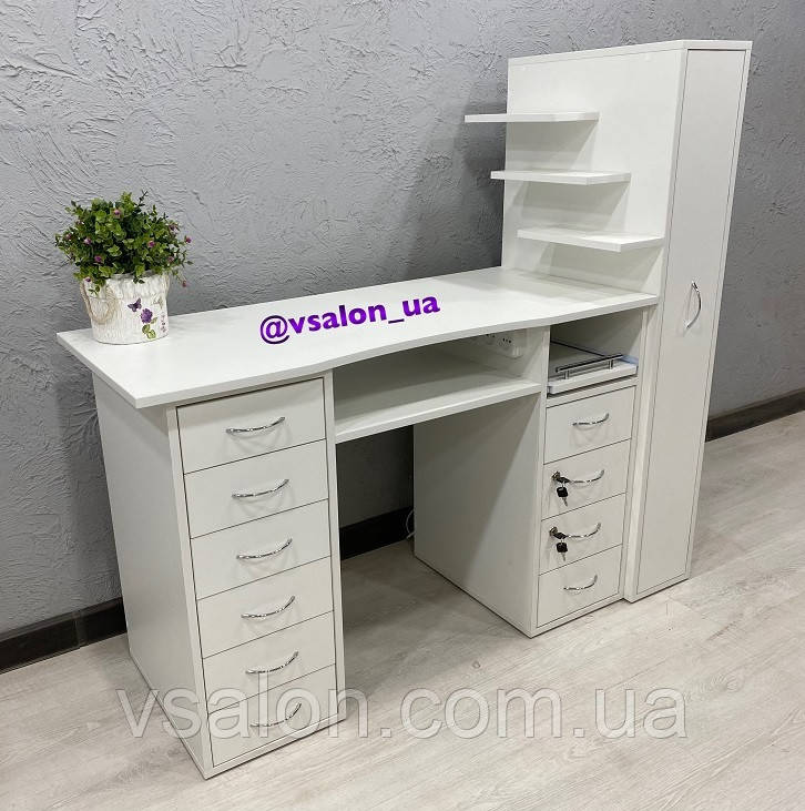 Стіл для манікюру з величезною тумбою і стелажем V565