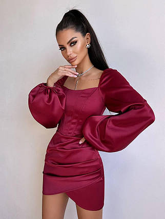 Коктейльна жіноча атласна міні сукня з об'ємними рукавами та корсетним верхом Smb9203, фото 1
