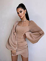 Коктейльна жіноча атласна міні сукня з об'ємними рукавами та корсетним верхом Smb9203, фото 3