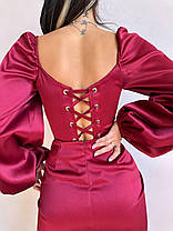 Коктейльна жіноча атласна міні сукня з об'ємними рукавами та корсетним верхом Smb9203, фото 2