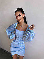 Коктейльна жіноча атласна міні сукня з об'ємними рукавами та корсетним верхом Smb9203, фото 5