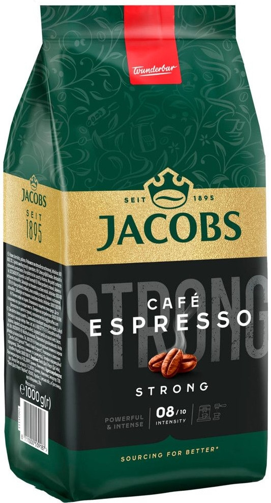 Оригінал! Кава в зернах Jacobs Espresso 1кг,  Німеччина (новий дизайн упаковки) 
Jacobs Cafe Espresso Strong 1кг