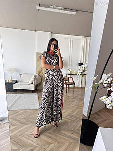 Жіночий комбінезон брючний літній великих розмірів Джовіс шовк леопардовий чорний