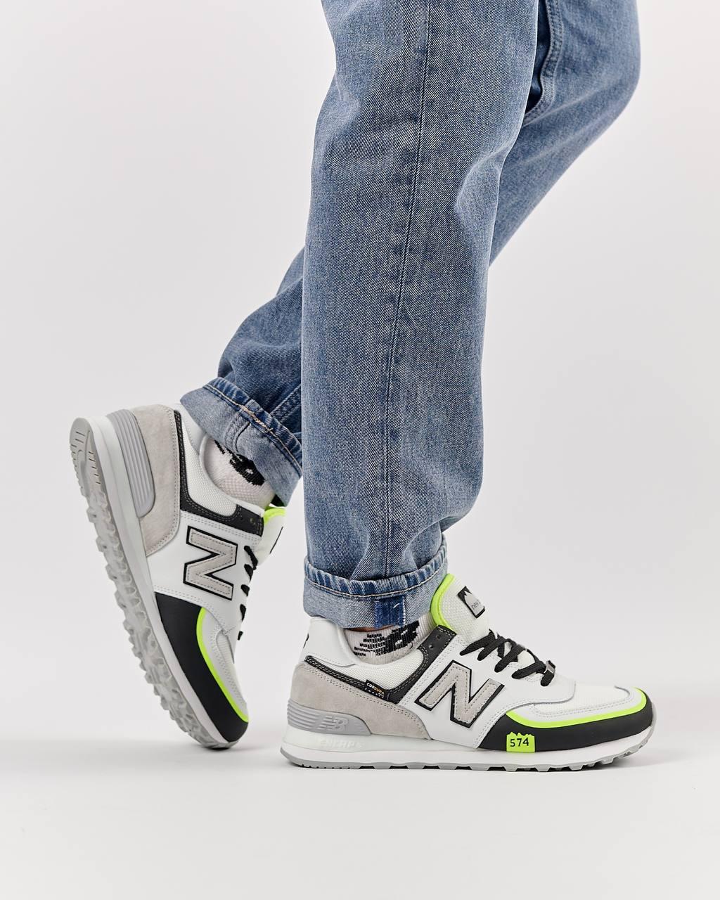 Чоловічі кросівки замша текстиль New Balance 574 TP2 White Yellow Neon, кеди Нью Беланс білі. Чоловіче взуття, фото 1