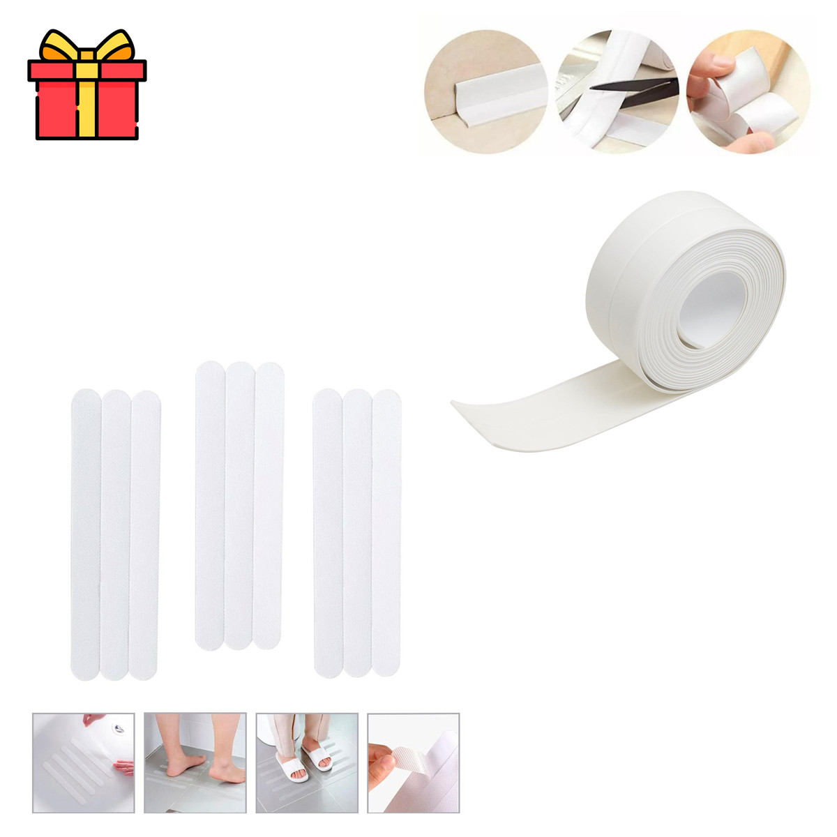 Протиковзна накладки для ванної, ступенів 9 шт./уп. та самоклеюча бордюрна стрічка Біла 3.2 метри