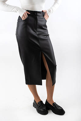 Спідниця міді з екошкіри з розрізом на блискаці чорна 81002 (2000000123639)