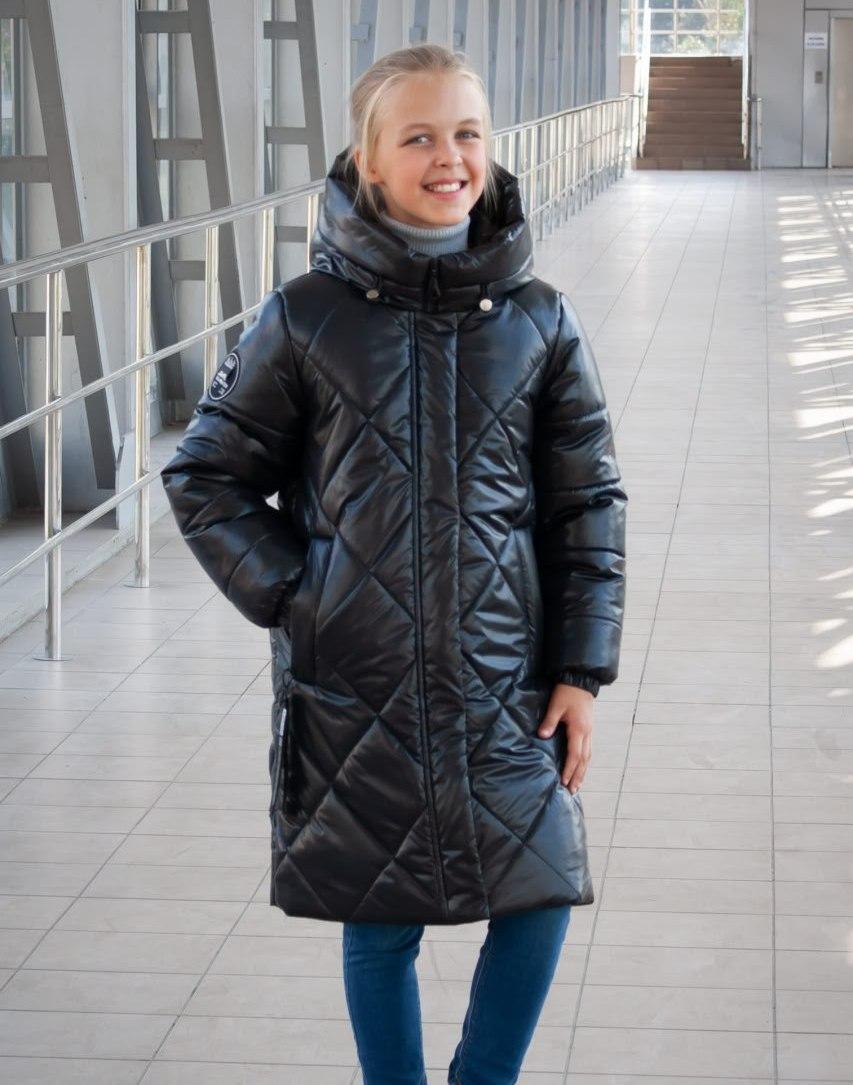 Довге зимове пальто на дівчинку тепла зимова куртка підліткова чорна 10-14 років