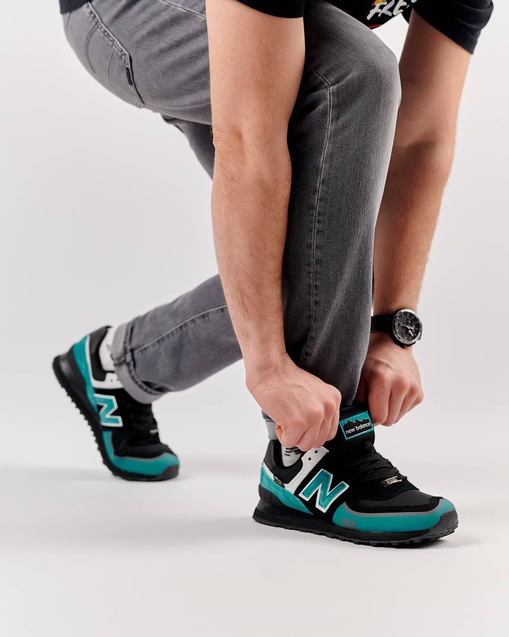Чоловічі кросівки замша текстиль New Balance 574 TP2 Black Turquoise, кеди Нью Беланс чорні. Чоловіче взуття