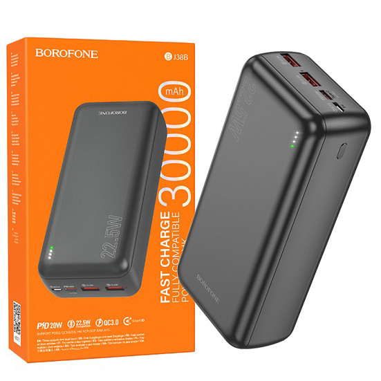 Power Bank Borofone BJ38B 30000 QC3.0+ 22.5W Зовнішній портативний акумулятор швидка зарядка, чорний