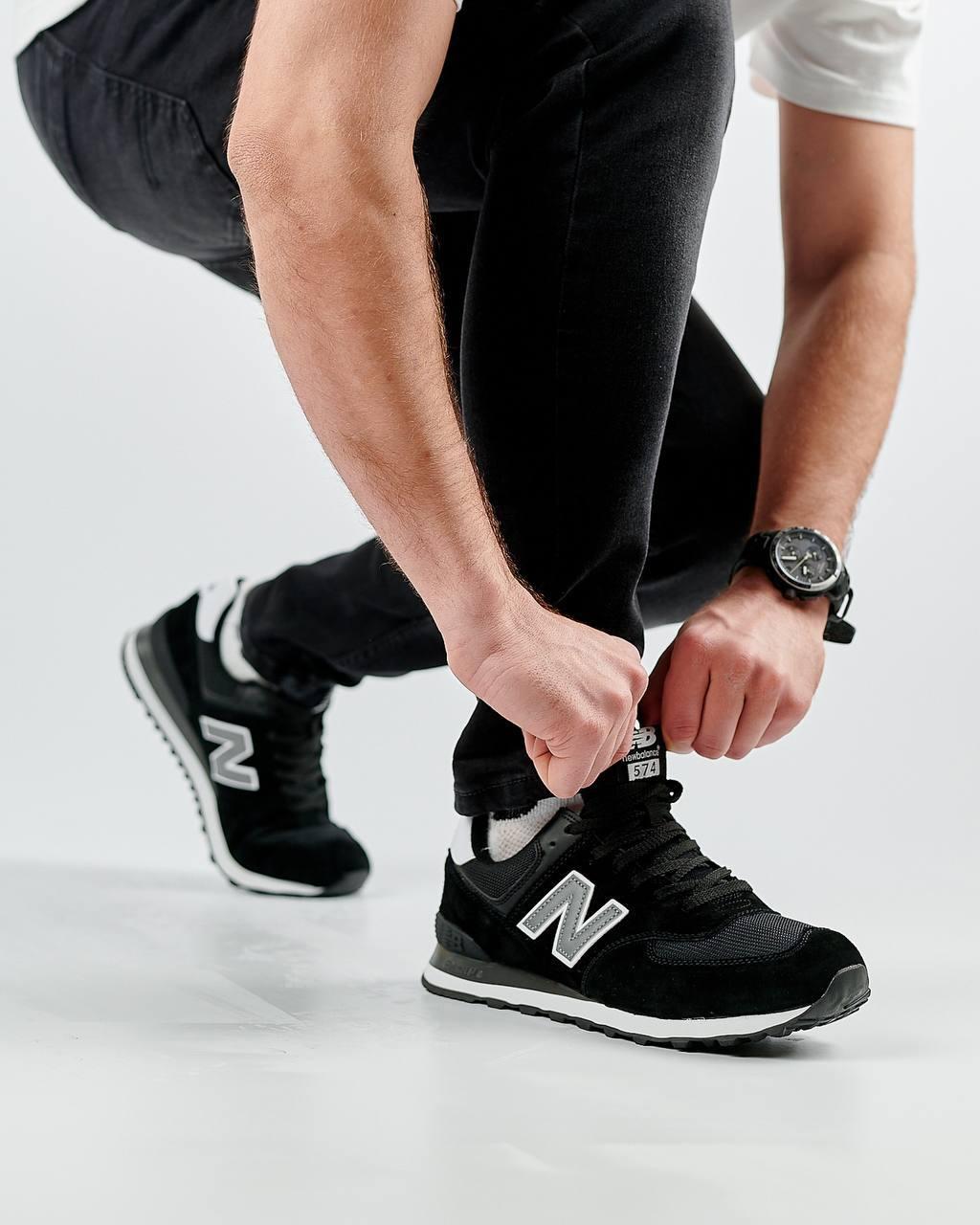 Чоловічі замшеві кросівки New Balance 574 Black White Gray Reflective, кеди Нью Беленс чорні. Чоловіче взуття, фото 1