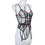 Напівпрозорий боді з квітковою вишивкою та підв'язками - чорний L (4001346295395), фото 6