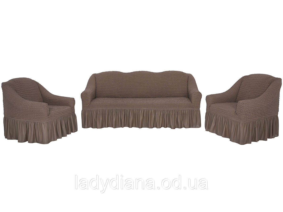 Чохли на диван та два крісла з оборкою спідницею натяжні захисні універсальні турецькі жатка-креш капучино, фото 1