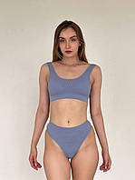 Комплект Жіночої Білизни В Рубчик Набір Топ Зі Знімними Чашечками Стрінги З Високою Посадкою Блакитний Повсякденний Базовий Ador