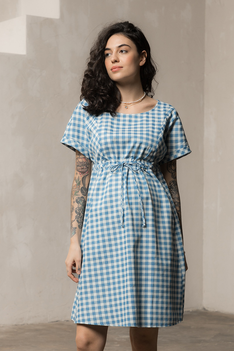 Сукня для вагітних та годуючих з тонкого джинсу у клітинку Sherry M Блакитний, фото 1