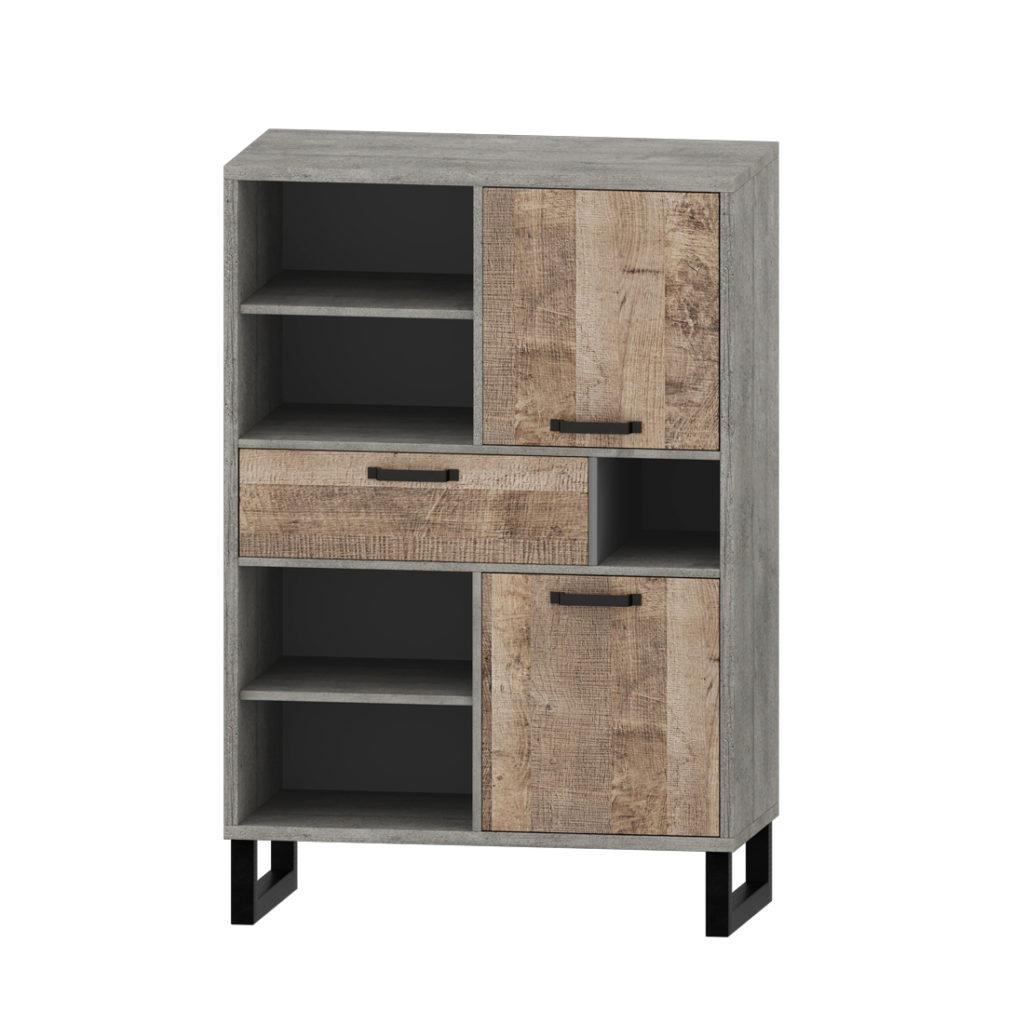 Сучасний низький шафа пенал 2Д1Ш з полицями для книг підлоговий у стилі лофт в вітальню зал 90 см Барі Сокме