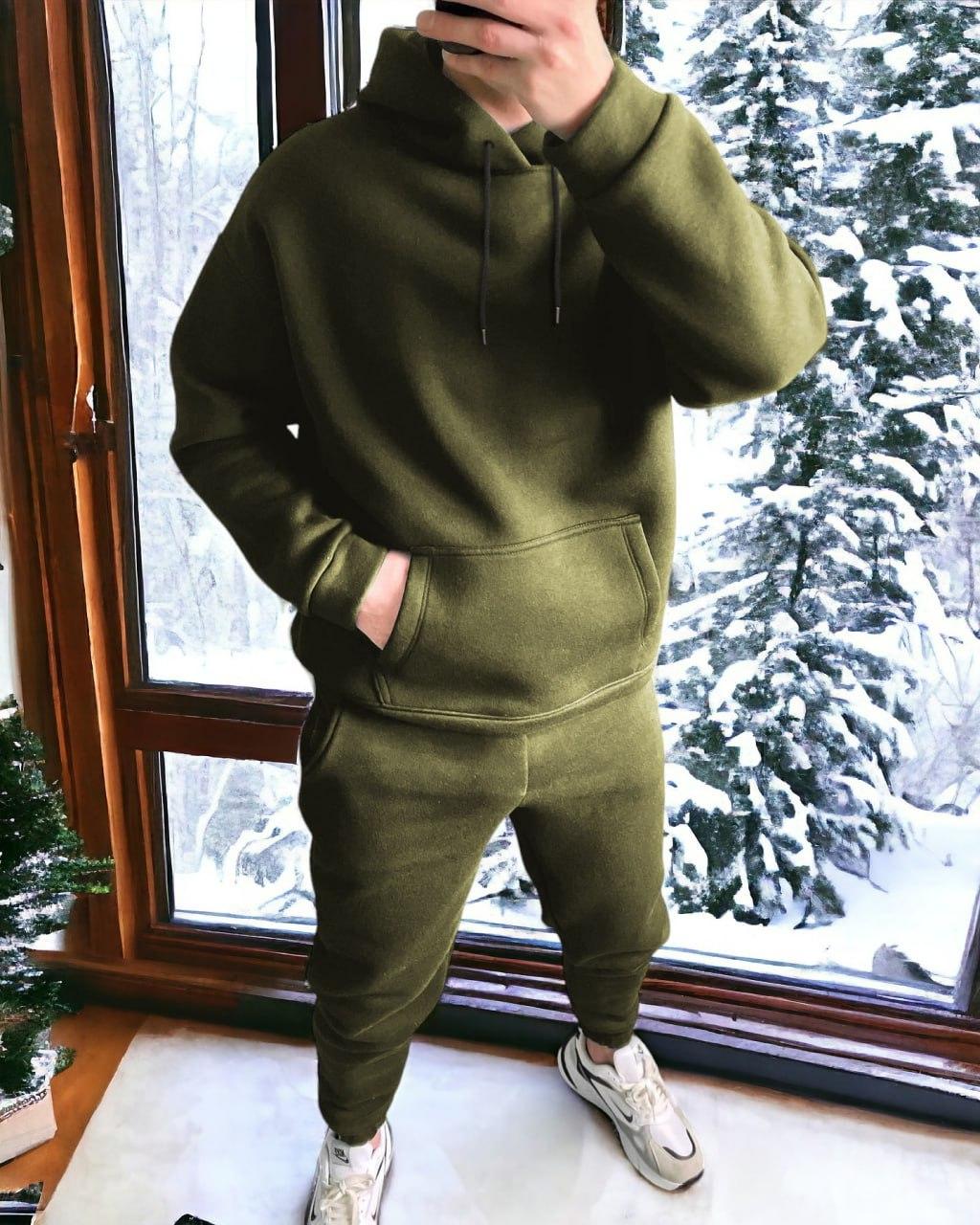 Чоловічий зимовий спортивний костюм Худі + Штани на флісі хакі Комплект з начосом утеплений, фото 1