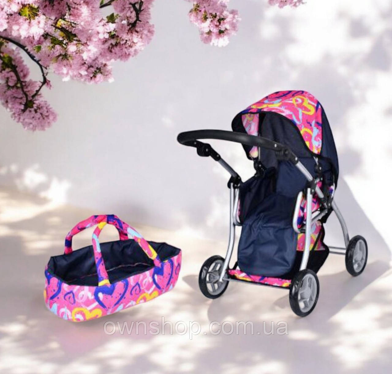 Коляска для ляльки 9672 Melogo синя, висота ручки 62 cm, 2 в 1, демісезон, трансформер, люлька-перенесення