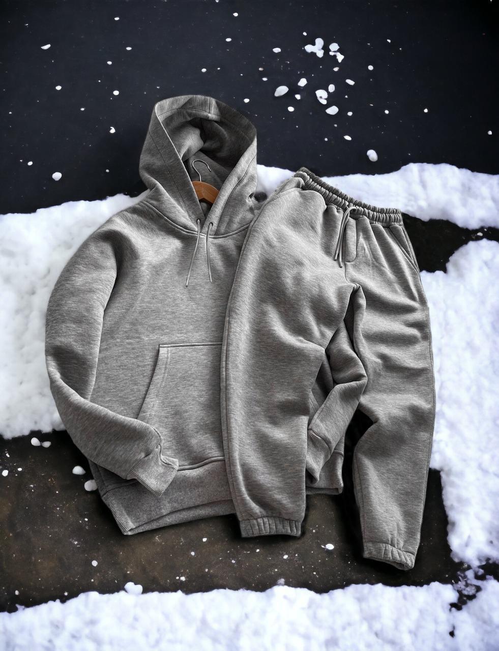 Чоловічий зимовий спортивний костюм Худі + Штани на флісі сірий Комплект з начосом утеплений, фото 1