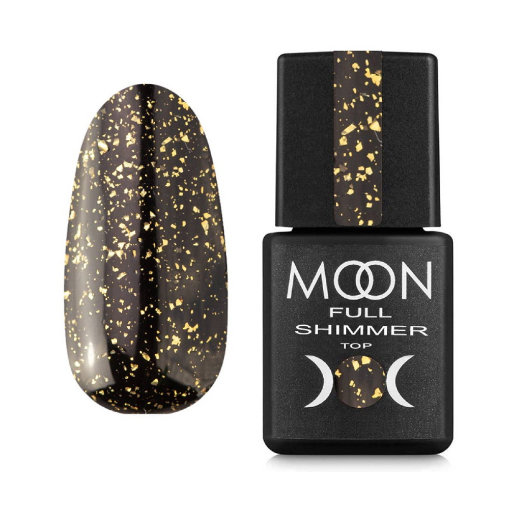 Топ для гель-лаку без липкого шару Moon Full Top Shimmer Gold 1020 із золотою поталлю 8 мл, фото 1