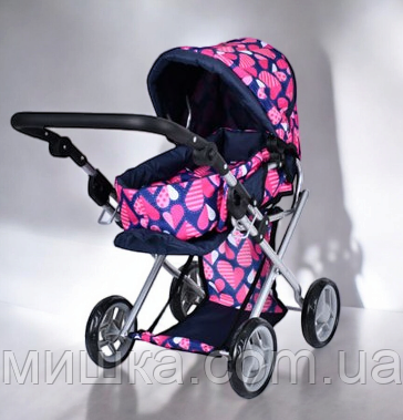 Коляска для ляльки 9346, висота ручки 62 см, синя із сердечками, 2 в 1, демісезон + люлька, фото 1