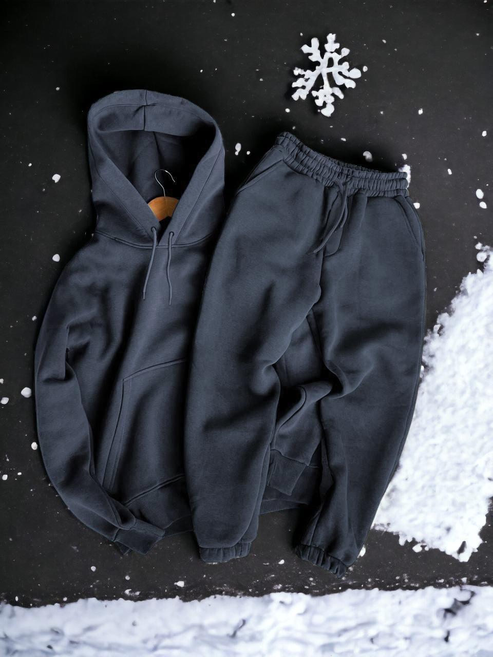 Чоловічий зимовий спортивний костюм Худі + Штани на флісі темно-сірий Комплект з начосом утеплений, фото 1