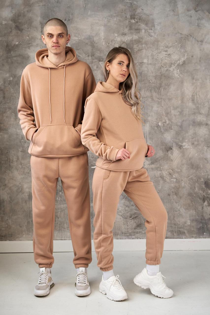 Чоловічий зимовий спортивний костюм Худі + Штани на флісі бежевий Комплект з начосом утеплений, фото 1