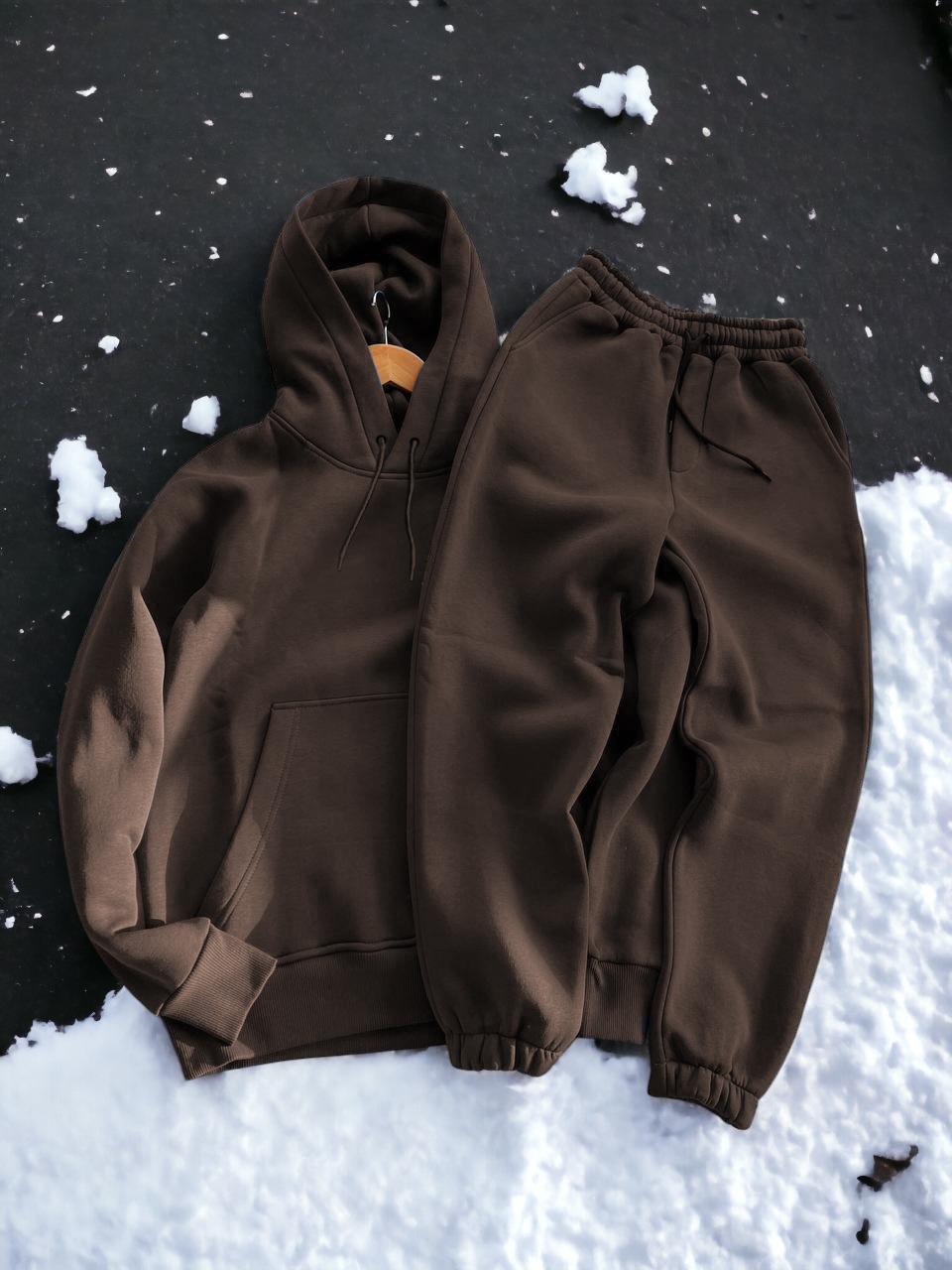 Чоловічий зимовий спортивний костюм Худі + Штани на флісі коричневий Комплект з начосом утеплений, фото 1