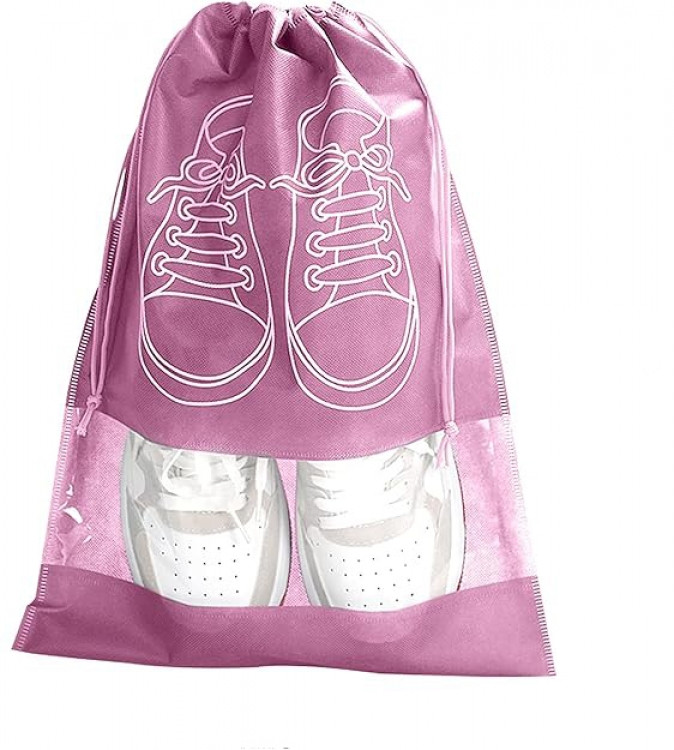 Сумка для взуття на завязках із віконцем рожева 41х31см, фото 1
