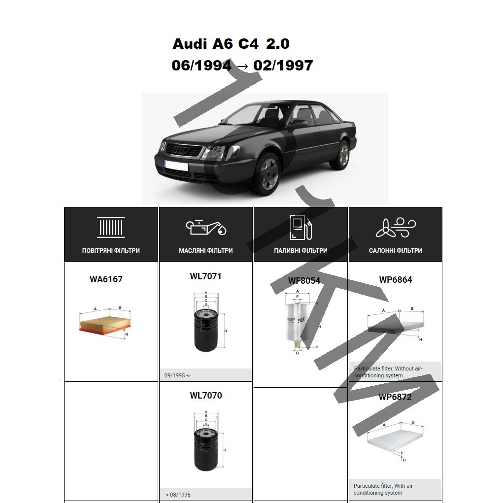 Комплект фільтрів Audi A6 C4 2.0 (1994-1997) WIX