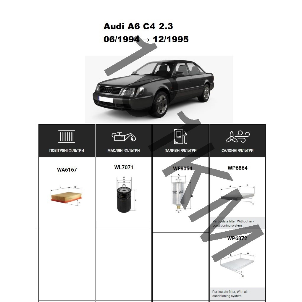 Комплект фільтрів Audi A6 C4 2.3 (1994-1995) WIX