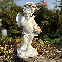 Садова фігура Янгол товстун у віночку з квітами, кольоровий (47х19х17 см), фігурки ангелів, статуетка янгол