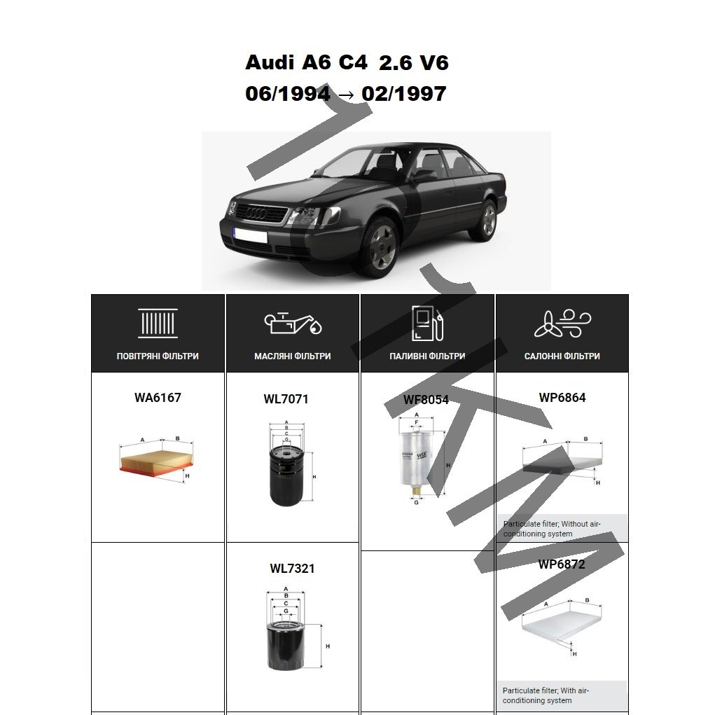 Комплект фільтрів Audi A6 C4 2.6 V6 (1994-1997) WIX