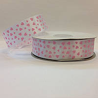 Стрічка атласна в рожевих сердечках 2,5 см (46 м)