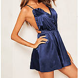 Атласний пеньюар із рюшами на зав'язках - синій S (616918434047), фото 3