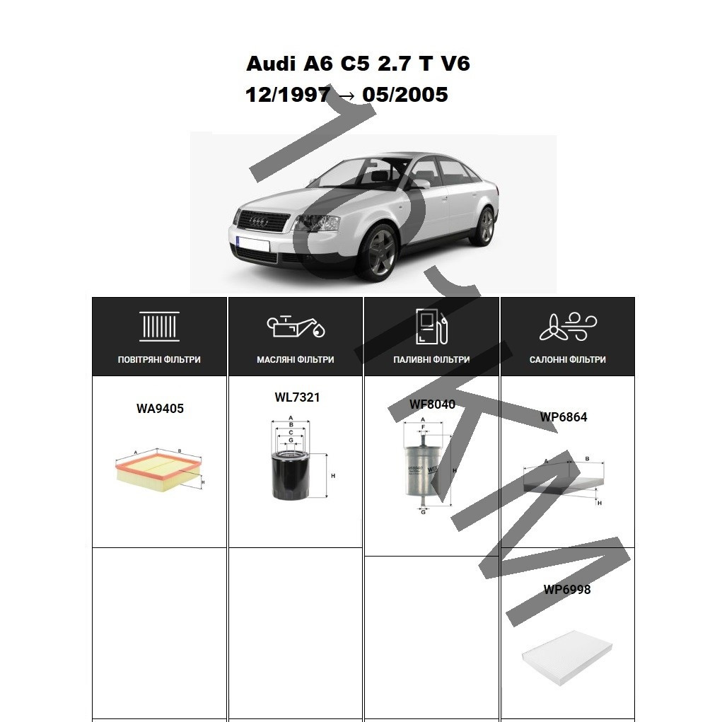 Комплект фільтрів Audi A6 C5 2.7T V6 (1997-2005) WIX