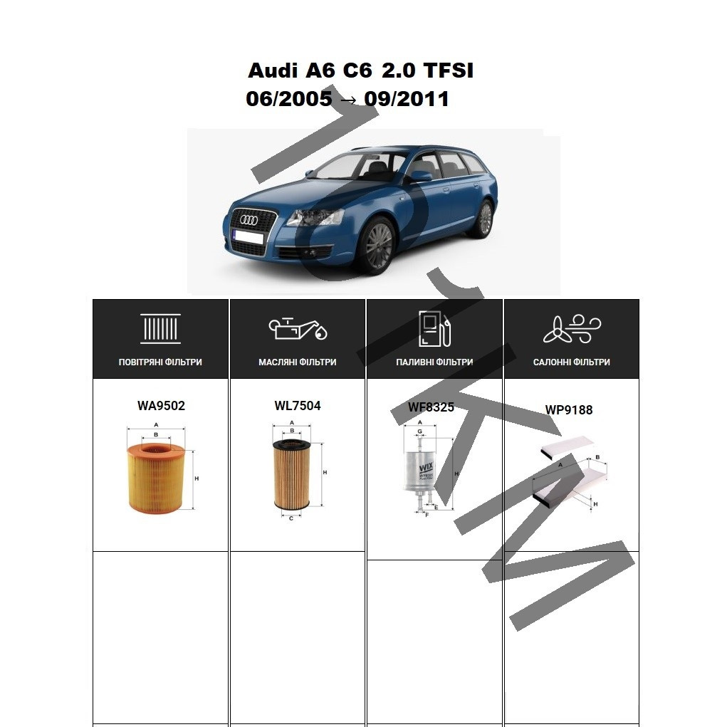 Комплект фільтрів Audi A6 C6 2.0 TFSI (2005-2011) WIX