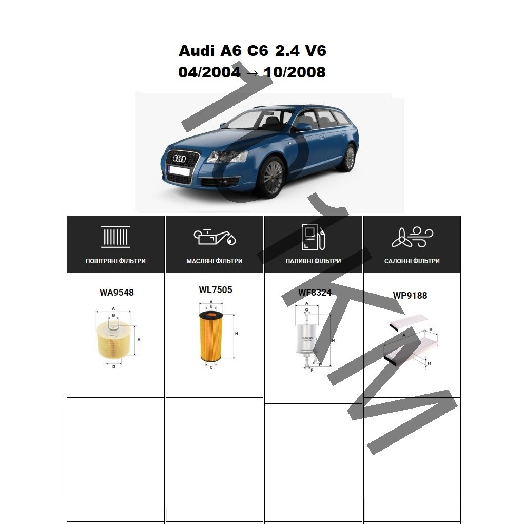 Комплект фільтрів Audi A6 C6 2.4 V6 (2008-2008) WIX