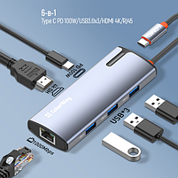 Док-станція 6в1 Type-C ColorWay CW-HUB02 PD Type-C/3*USB 3.0/HDMI 4K/RJ45, фото 2