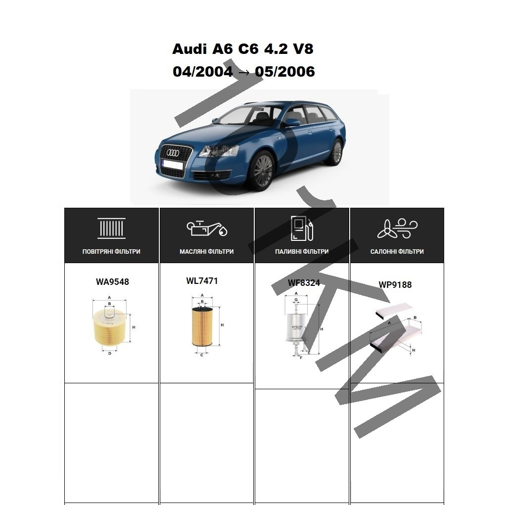 Комплект фільтрів Audi A6 C6 4.2 V8 (2004-2006) WIX