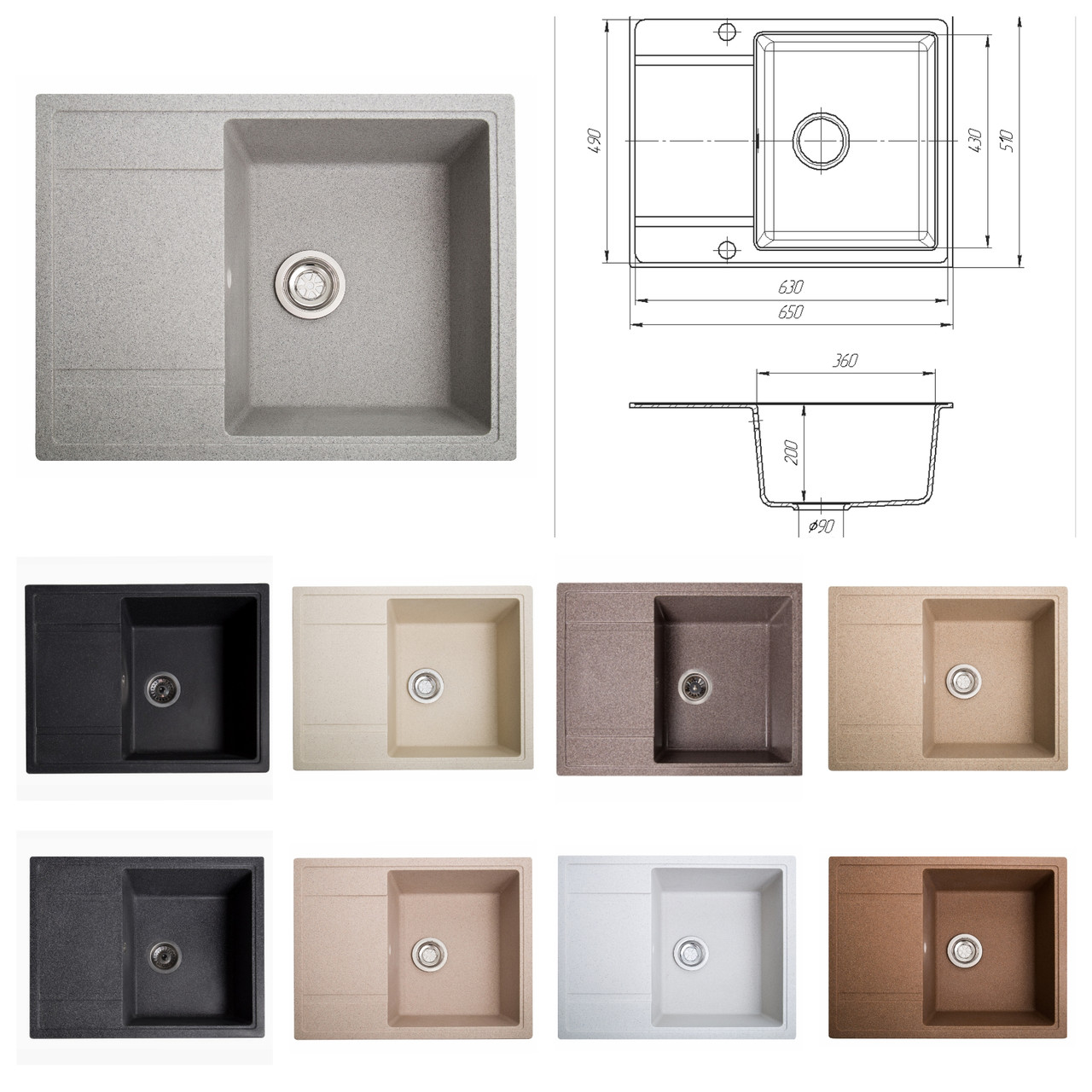 Кухонна гранітна мийка Romzha Jorum 65. Кухонна мийка з крилом, мийка на кухню, фото 1