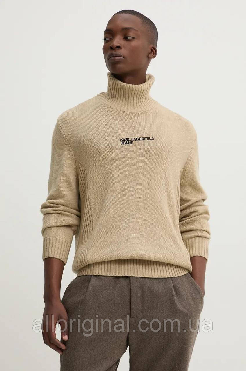 AllOriginal com ua Вовняний светр Karl Lagerfeld Jeans чоловічий колір бежевий легкий гольф РОЗМІРИ ЗАПИТУЙТЕ