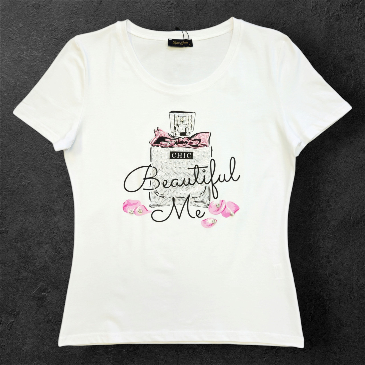Футболка Beautiful Me зі стразами жіноча біла. S, M, L, XL